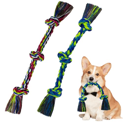 WDZZHOT [2 Pack] Dog Rope Toys, Dog Chew Toy for Medium and Small Dogs, 3 Knots Heavy Duty Puppy Rope Toy, 100% Cotton Tug of War Dog Toys for Boredom, Teeth Cleaning - color: red+blue