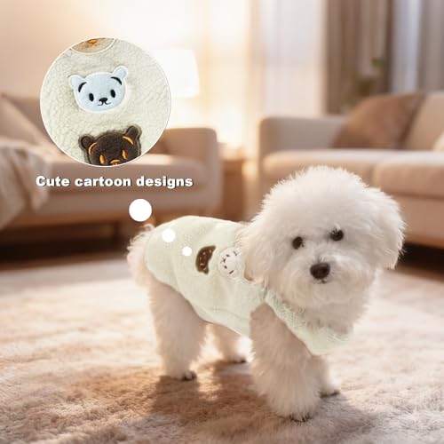 Dog Fleece Vest Sweater, Button-Up Warm Pullover Step-in Dog Jacket with Bear Print, Winter Cold Weather Coat Clothes Hoodie for Small Medium Dogs Puppy Boy Girl(White, L(12 to 15 lbs)) - color: White, size: L(12 to 15 lbs)