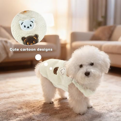 Dog Fleece Vest Sweater, Button-Up Warm Pullover Step-in Dog Jacket with Bear Print, Winter Cold Weather Coat Clothes Hoodie for Small Medium Dogs Puppy Boy Girl(White, L(12 to 15 lbs)) - color: White, size: L(12 to 15 lbs)