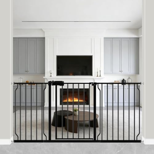WAOWAO Baby Gate 158-170cm(62-67인치) 엑스트라 와이드 압력 장착 워크 스루 스윙 자동 닫힘 안전 블랙 메탈 유아 어린이 개 애완동물 강아지 계단, 출입구, 주방용 - color: 블랙., size: 62.19-66.92"/158-170cm