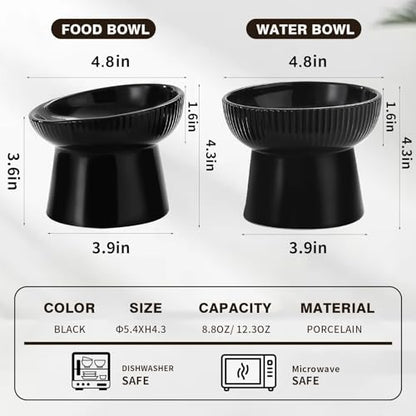 Elevated Cat Food Bowl, Ceramic Raised and Tilted Water Bowl, Whisker Fatigue Cat Bowls for Indoor Cats, Anti Vomiting and Protect Spines Pet Feeding Dishes for Kittens Small Dog, Heavy Non-Slip Base - color: Black
