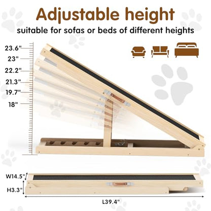Dog Ramp for Couch, Adjustable Height Ramps for Pets to Get on Bed | Height from 18" to 23.6", with Traction Rubber Mat, Capacity 110ibs, Wooden Portable Stairs for Small Dogs - size: 39.4"L x 14.5"W x 3.3"H