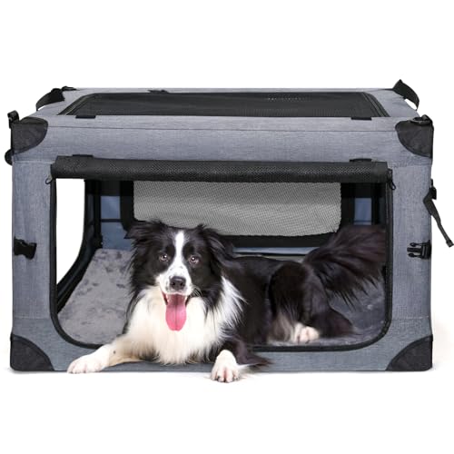NEZUC Collapsible Dog Crates for Large Dogs Portable Soft Sided Travel Dog Carrier for Indoor & Outdoor, 4-Door Foldable Pet Kennel with Durable Mesh Windows (Gray, 24.0" L x 17.0" W x 17.0") - size: 24.0"L x 17.0"W x 17.0"H