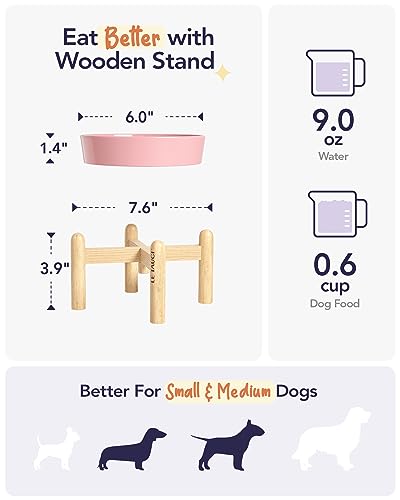 LE TAUCI Ceramic Slow Feed Dog Bowls, Elevated for Small Breeds, Anti-Gulping, Non-Slip, 6 inch, Pink - color: Pink Bloom+Stand, size: S-0.6 Cups