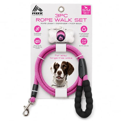 RBX Rope Dog Leash Set, 5 ft Padded Handle Leash for Small/Medium Dogs with 360° Swivel Clip, Poop Bag Dispenser, 20 Waste Bags, Durable Walking Lead for Daily Use - color: Pink