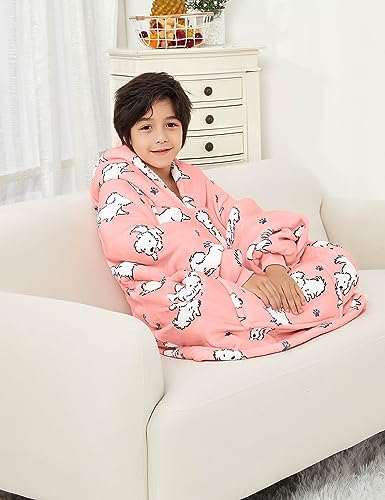 KFUBUO Wearable Blanket Hoodie for Kids Sherpa Dog Patterns Oversized Sweatshirt Blanket with Pocket 6-10 Year Old Girl Boy Birthday Gifts - color: Dog, size: Kids 6-10YR