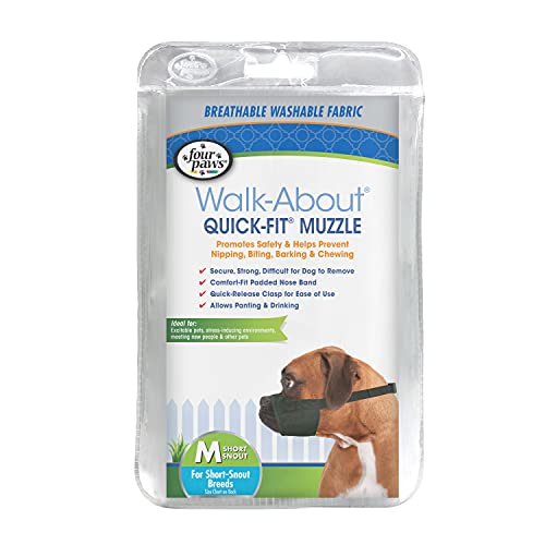 Four Paws Walk-About Quick-Fit Short Snout Adjustable Dog Muzzle for Medium Dogs, Washable & Breathable, Black, 1 Count - size: 3-Medium Short Snout