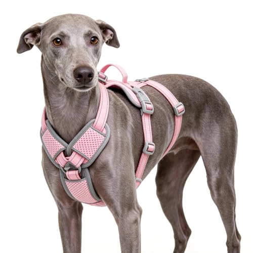 ThinkPet Flexfit 3-Strap Escape Proof Dog Harness, No Pull Front Clip 2-in-1 Vest with Control Handle, 360° Reflective Breathable Adjustable Harness for Greyhound Whippet Vizsla, Large, Pink - color: Pink, size: Large