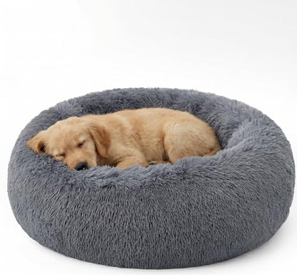 SAVFOX 23 inches Calming Donut Dog Bed - 3X Durable Plush Faux Fur, Machine Washable & Non-Slip, Fits up to 25 lbs, Dark Grey - color: Dark Grey, size: Small | 23"x23"