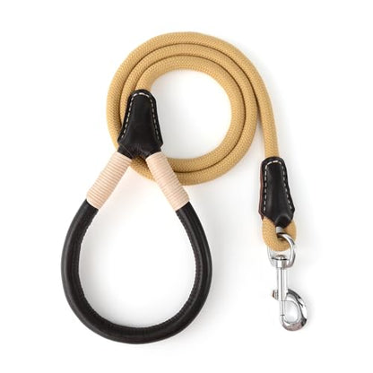 Mile High Life Dog Leash, Rope Leash with Genuine Leather Handle and Heavy Duty Metal Clasp, Great for Small Medium Large Dogs (Yellow, 4FT) - color: Leather Handle-Yellow, size: 48 Inch-1/2"