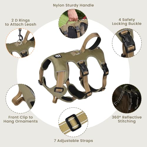 Escape Proof Dog Harness and Leash Set,Soft Padded Full Body Pet Harness, No Pull Reflective Adjustable Dog Vest with Handle, Easy Control Dog Harness for Medium Large Dogs Training Walking Running - color: Khaki, size: XL