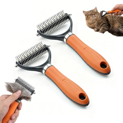 Double Sided Dematting Comb, 2026Undercoat Rake Deshedding Grooming Tool, Pet Hair Detangler Brush for Removing Tangles Knots and Loose Fur, Grooming Comb for Long Thick Coats (1, Orange) - color: Orange