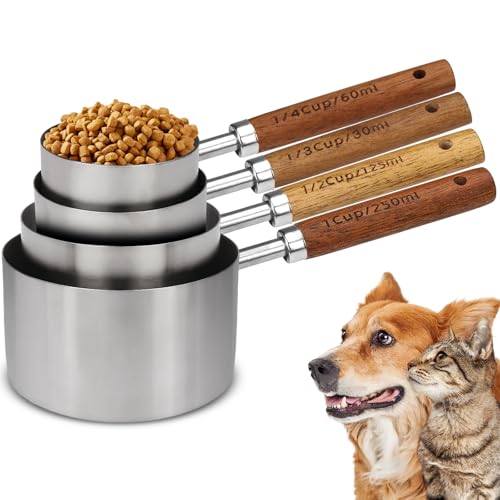4 Packs Dog Food Scoop Measuring Cup with Wooden Handle, Stainless Steel Pet Food Scoop Dog Food Measuring Cup for Dogs Cats Birds and Rabbits, 1 Cup, 1/2 Cup, 1/3 Cup and 1/4 Cup 4 Packs