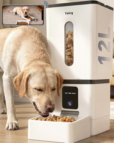 Automatic Dog Feeder Large Breed with Camera - 12L/50 Cups Anti-Clog Dog Food Dispenser for Kibble up to 20mm/0.78 in - WiFi App Scheduling & HD 1080P Camera for Remote Mealtime Check-Ins by Yakry - size: 12L