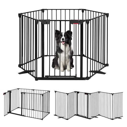 SMONTER Freestanding Dog Gate with Door Walk Through, 152" Extra Wide Foldable Dog Fence, 6 Panels 29" Tall Metal Pet Gate for Stairs, Hallways - size: 6 Panels 152" W x 29" H
