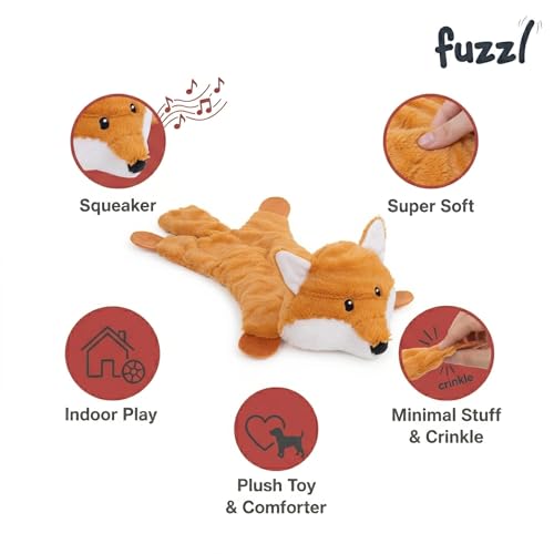 Fuzzl Freddy Fox Crinkle & Squeak Dog Toy – Low Stuffing Soft Plush Puppy Toy – Interactive Squeaky Dog Toy for Small to Medium Dogs – Crinkly Fox Toy for Shaking, Tossing & Snuggling - style: Freddy Fox