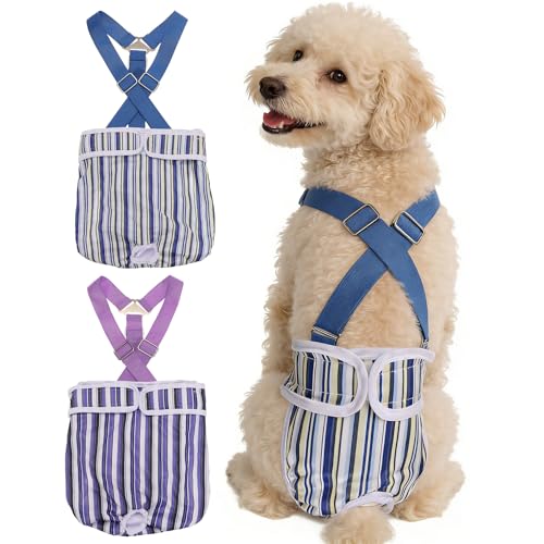 Washable Female Dog Diapers with Suspender, Reusable Dog Diapers Absorbent Leakproof(Striped Purple/Striped Blue XL, 2Pcs), Intended for Female in Heat Cycle - color: Striped Purple/Striped Blue, size: XL