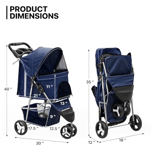MoNiBloom 3 Wheels Pet Stroller, Foldable Dog Cat Cage Jogger Stroller with Weather Cover for All-Season, Storage Basket and Cup Holder, Breathable and Visible Mesh for Small/Medium Pets, Blue - color: Navy Blue