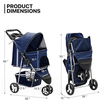 MoNiBloom 3 Wheels Pet Stroller, Foldable Dog Cat Cage Jogger Stroller with Weather Cover for All-Season, Storage Basket and Cup Holder, Breathable and Visible Mesh for Small/Medium Pets, Blue - color: Navy Blue