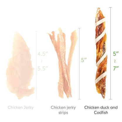 MON2SUN Dog Treats, Triple Flavor Jerky Twist Sticks, 5-7 Inch Chicken Duck and Codfish Sticks Chews for Small Dogs, Healthy Snacks, 10.58 oz (15 Count-Pack of 1) - size: 10.58 Ounce (Pack of 1), style: 5-7 Inch