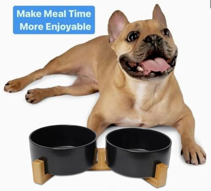 Ceramic Cat and Small Dog Bowl Set – Modern Indoor Small Size Pet Food and Water Bowls with Wood Stand – Non Slip Puppy Sized Feeding Station with Double Dishes (Black) - color: Black
