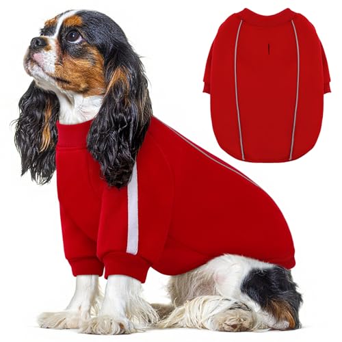 Queenmore XS Christmas Dog Sweater, Cozy Fleece Dog Sweatshirt, Warm Winter Fleece Jacket for Small, Medium & Large Dogs with Leash Hole/Reflective Stripes Red - color: Red, size: X-Small