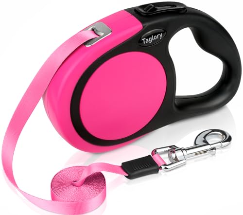 Taglory Retractable Dog Leash, One-Handed Brake, 16ft, Up to 44 lbs, Pink | More Freedom While Staying in Control, Smooth Retraction, Tangle-Free Design, Easy-Grip Handle, Daily Neighborhood Walks - color: Pink, size: Large