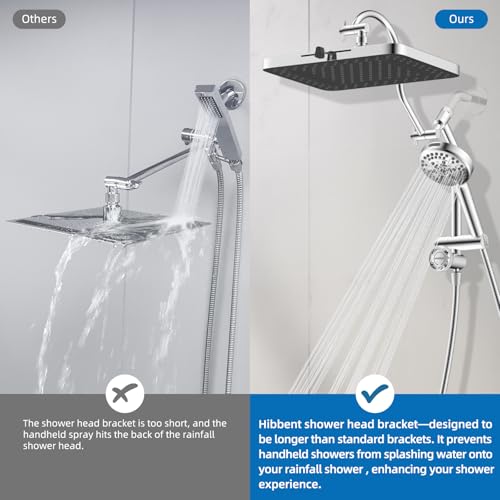 Hibbent cUPC Certified 13'' Shower Head Combo, High Pressure 5 Spray Rainfall Showerhead, 10 Spray Mode Handheld, All Metal Easy Reach 4-way Diverter Arm with Pause Mode, 71'' Hose and Holder, Chrome - color: Chrome, style: Square 13"