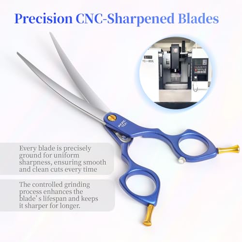 6.5'' Small Curved Dog Grooming Scissors Blue Professional Trimming Shears with Ultra-Lightweight Offset Handle CNC 440C Stainless Steel Blades Pet Scissors for Face and Paws - color: Blue Curved