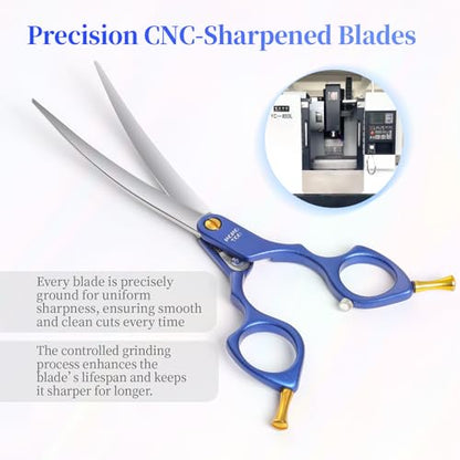 6.5'' Small Curved Dog Grooming Scissors Blue Professional Trimming Shears with Ultra-Lightweight Offset Handle CNC 440C Stainless Steel Blades Pet Scissors for Face and Paws - color: Blue Curved