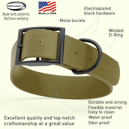 Dogline Biothane Waterproof Dog Collar Strong Coated Nylon Webbing with Black Hardware Odor- Proof for Easy Care Easy to Clean High Performance Fits Small Medium or Large Dogs, Olive Drab Green