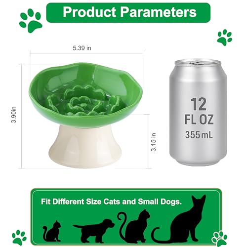 Ceramic Slow Feeder Bowl for Cats and Small Dogs, Elevated Tilted Pet Food Dish, Whisker Friendly Anti-Vomit Design, Heavy Stable Base, Dishwasher Safe， 5 Colors Options (Leaf Green) - color: Leaf Green