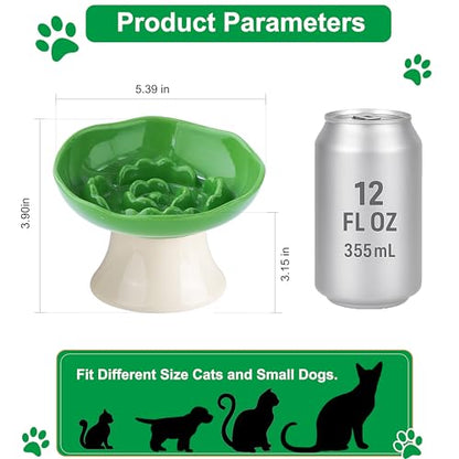 Ceramic Slow Feeder Bowl for Cats and Small Dogs, Elevated Tilted Pet Food Dish, Whisker Friendly Anti-Vomit Design, Heavy Stable Base, Dishwasher Safe， 5 Colors Options (Leaf Green) - color: Leaf Green