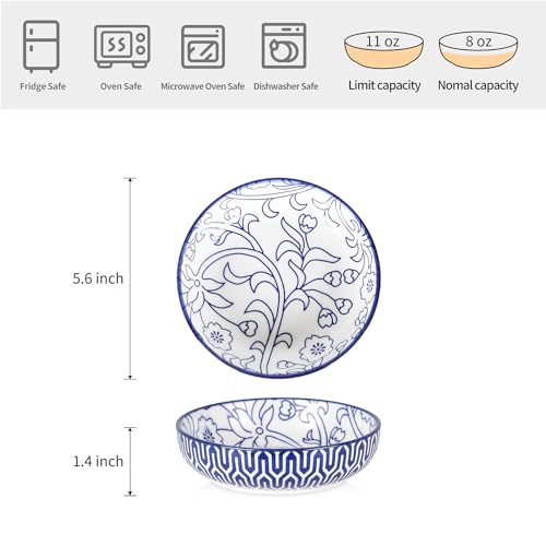 Selamica 세라믹 고양이 사료 그릇 4개 세트, 14cm(5.6인치) 너비의 얕은 고양이 그릇/음식과 물용 접시, 빈티지 블루 - color: 빈티지 블루, size: 5.6 Inch, Set of 4