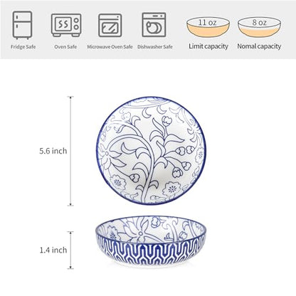 Selamica 세라믹 고양이 사료 그릇 4개 세트, 14cm(5.6인치) 너비의 얕은 고양이 그릇/음식과 물용 접시, 빈티지 블루 - color: 빈티지 블루, size: 5.6 Inch, Set of 4