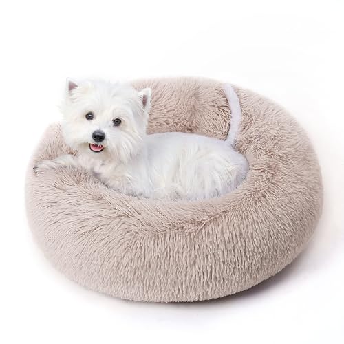 Calming Round Dog Bed & Cat Bed with Anti-Slip Bottom, Medium Size Washable Anti-Anxiety Donut Dog Beds for Small Dogs & Cats, Fluffy Plush Soft Dog Bed(24 Inch, Light Brown) - color: Light Brown, size: 24"l x 24"w x 8"th