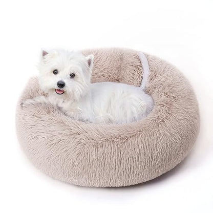 Calming Round Dog Bed & Cat Bed with Anti-Slip Bottom, Medium Size Washable Anti-Anxiety Donut Dog Beds for Small Dogs & Cats, Fluffy Plush Soft Dog Bed(24 Inch, Light Brown) - color: Light Brown, size: 24"l x 24"w x 8"th