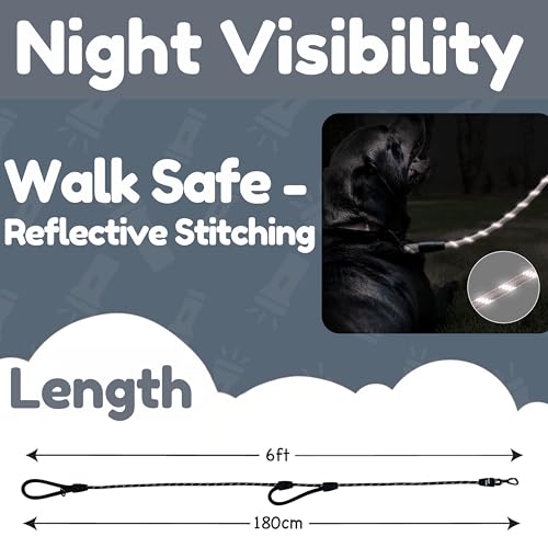 6 Foot Dog Leash, Two Extra Padded Handles, Locking Carabiner Clip, Reflective for Night Visibility, Weatherproof, Heavy Duty Rope Leash, Roam Gear (Black) - color: Black