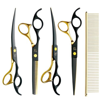Dog Grooming Scissors,Paint Coated Curved Scissors Thinning Scissors with Safety Round Tips, Sharp and Durable 5 in 1 Dog Scissors for Grooming