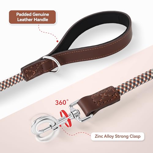 Mile High Life Leather Handle Dog Leash 6 FT/5 FT/4 FT, Soft Padded Handle Rope Leashes for Medium & Large Dogs Walking and Training (Brown Checkered, 48 Inch) - color: Leather Handle-Brown, size: 48 Inch-1/2"