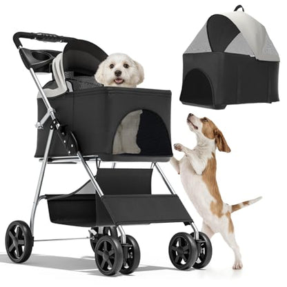 Magshion Foldable Pet Stroller, 3-in-1 Dog Travel Jogger with Detachable Carrier, Cup Holder, Storage Basket, Folding Carrier for Small/Medium Dogs & Cats Up to 33 lbs, Black - color: Black, style: Up to 33 lbs