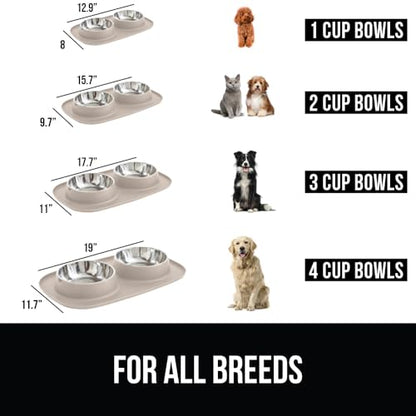 GORILLA GRIP Dog Bowl Set with Slip Resistant Silicone Feeding Mat, Food Grade 304 Stainless Steel Bowls, BPA Free, High Edge Spill Containment, Dishwasher Safe, Finger Notch Removal, 1 Cup, Beige - color: Beige, size: 1 Cup Bowls