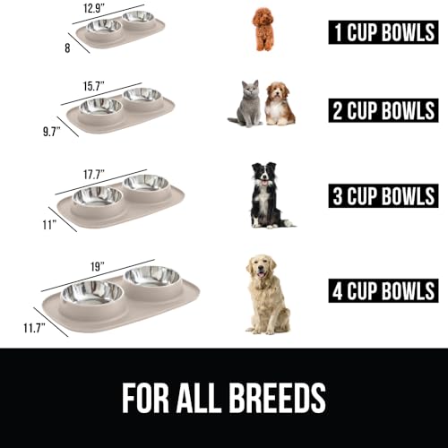GORILLA GRIP Dog Bowl Set with Slip Resistant Silicone Feeding Mat, Food Grade 304 Stainless Steel Bowls, BPA Free, High Edge Spill Containment, Dishwasher Safe, Finger Notch Removal, 2 Cup, Beige - color: Beige, size: 2 Cup Bowls