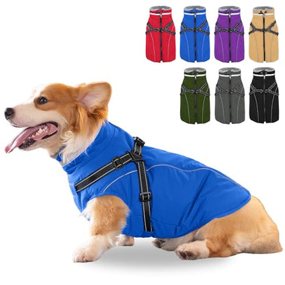 Fragralley Dog Coat with Harness Built in, Waterproof Windproof Reflective Warm Puffer Jacket, Fleece Lined Vest Winter Parka for Small, Medium, Large Dogs - color: Blue, size: Small