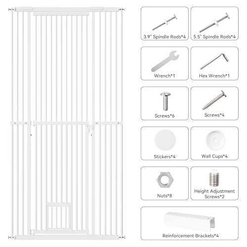 54"-87" Height Adjustable Extra Tall Cat Gate for Doorway, 27.1"-42" Extra Wide Pet Gate with Cat Door & Extension Kits, Pressure Mounted Dog Cat Barrier for Indoor Stairs, Studio, Kitchen (White)