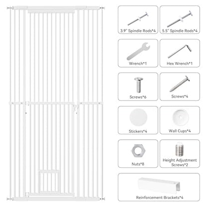 54"-87" Height Adjustable Extra Tall Cat Gate for Doorway, 27.1"-42" Extra Wide Pet Gate with Cat Door & Extension Kits, Pressure Mounted Dog Cat Barrier for Indoor Stairs, Studio, Kitchen (White)