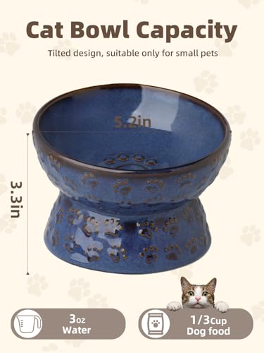 GDCZ Ceramic Tilted Elevated Cat Bowl, for Fat Faced Cat, Kitten (Blue) | 15° Tilted Elevated Design,5oz Small Meal Capacity,Chin-Friendly Ceramic,Paw Print - color: Blue