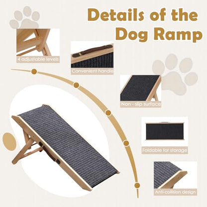 Wooden Foldable Dog Ramp for Small Dog Portable Pet Ramp,Car Ramp with Built-in Handle for Bed Car Couch Travel, 4 Adjustable Heights 9.8" to 18.1"