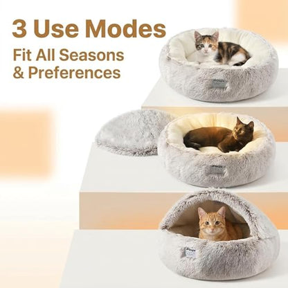 Cozy Zipper Convertible Cat Bed Cave, 2 in 1 Round Plush Donut Dog Bed with Removable Hood, Warm Fuzzy Enclosed Pet Nest Bed for Small Dogs Kittens, Machine Washable (Brown, 23.6 in Medium Size) - color: Brown, size: 23.6 in Medium Size