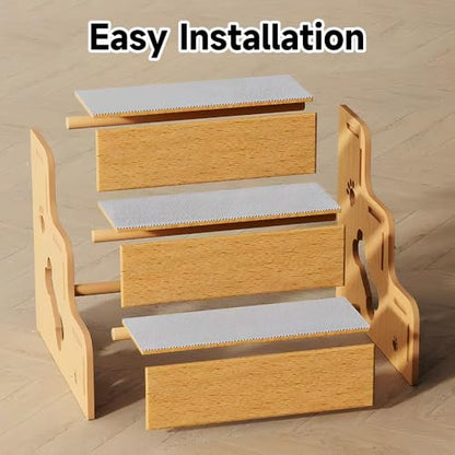 Pet Steps for Small Dogs,Wooden Cat Stairs for Old Cats,Doggy Dog Steps for Bed Couch Sofa Windows,3-Step Ladder, 16" L x 12" W x 14" H，Suitable for Height 14-17in